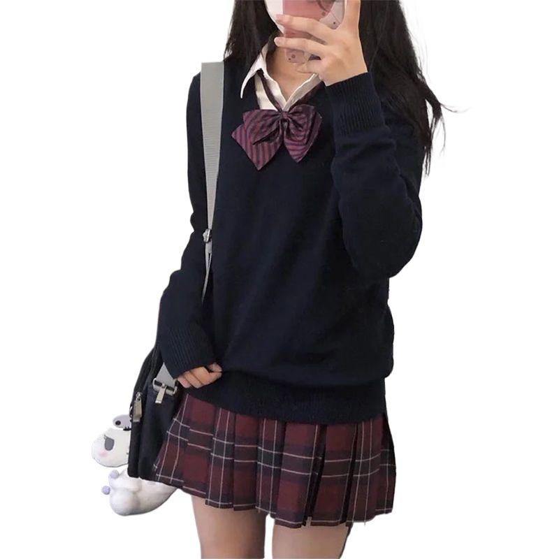 Pulovr s výstřihem do V ve stylu vysoké školy - Volný střih, Jednobarevný, Pletenina s dlouhým rukávem pro podzim a zimu