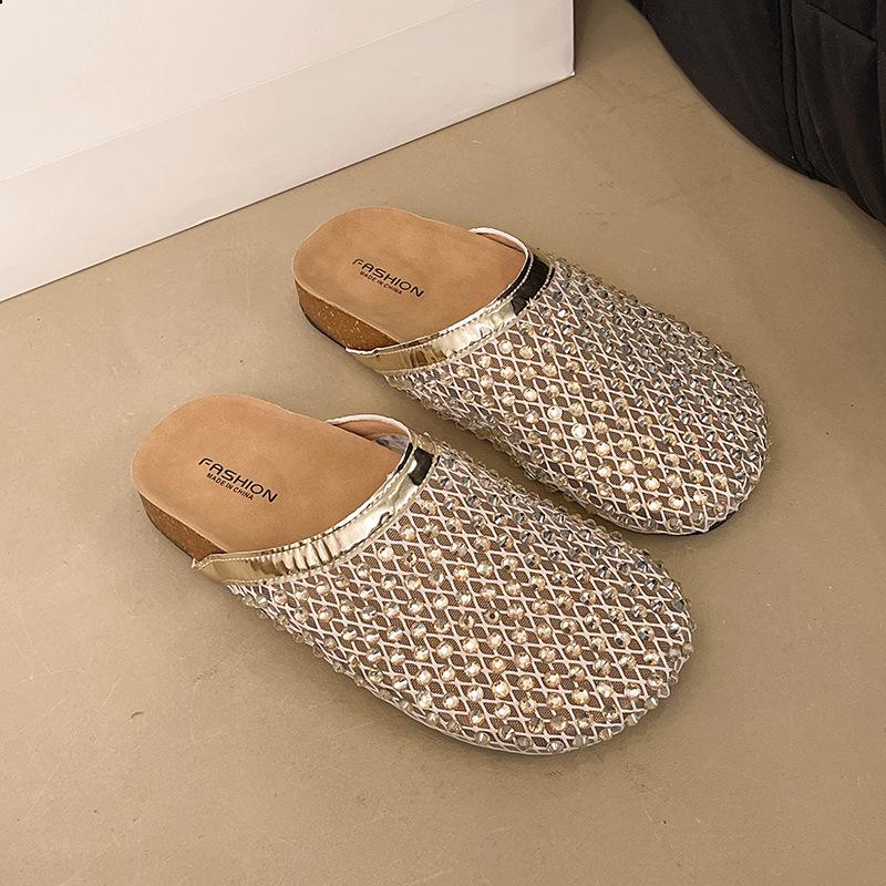 Thick-bottomed Mesh Rhinestone Bag Head Half Slippers Women's 2025 Summer New Outer Wear Lazy One Pedal Beach Cool Slippers