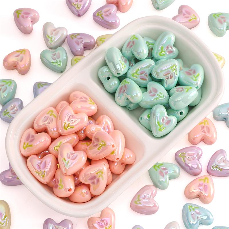 2pcs [20x19mm] Tulip Love Heart Beads Cream Peach Heart Acrylic Beads Mobile Phone Chain Backpack Ornaments DIY Accessories