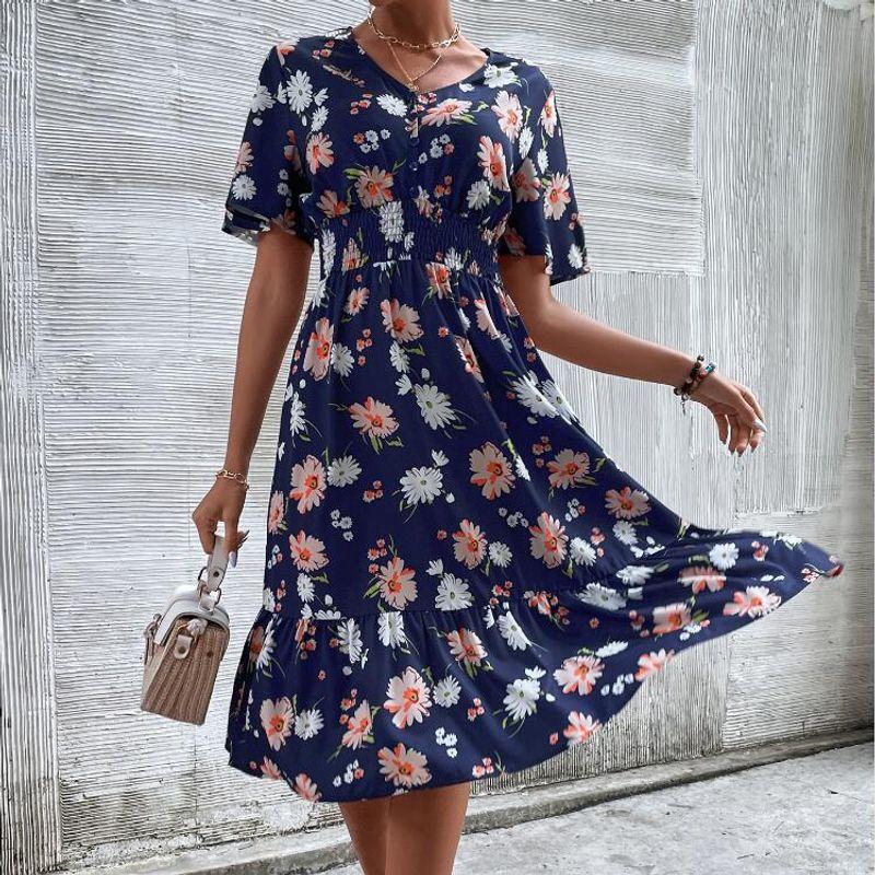 

Dress European and American-Style Single-Breasted Dress Little Daisy Dark Blue M