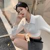 Korean Front Shoulder Long Sleeve Solid Color Polo Neck T-shirt Short Design Sense Thin Versatile Bottoming Shirt Top