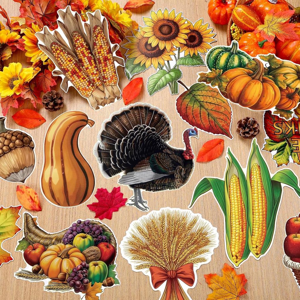 32 Pcs Vintage Thanksgiving Cutouts Fall Harvest Cutouts Cornucopia Decorative Sets Retro Give Thanks Accents Pumpk Leaves Turkey Decor for Office