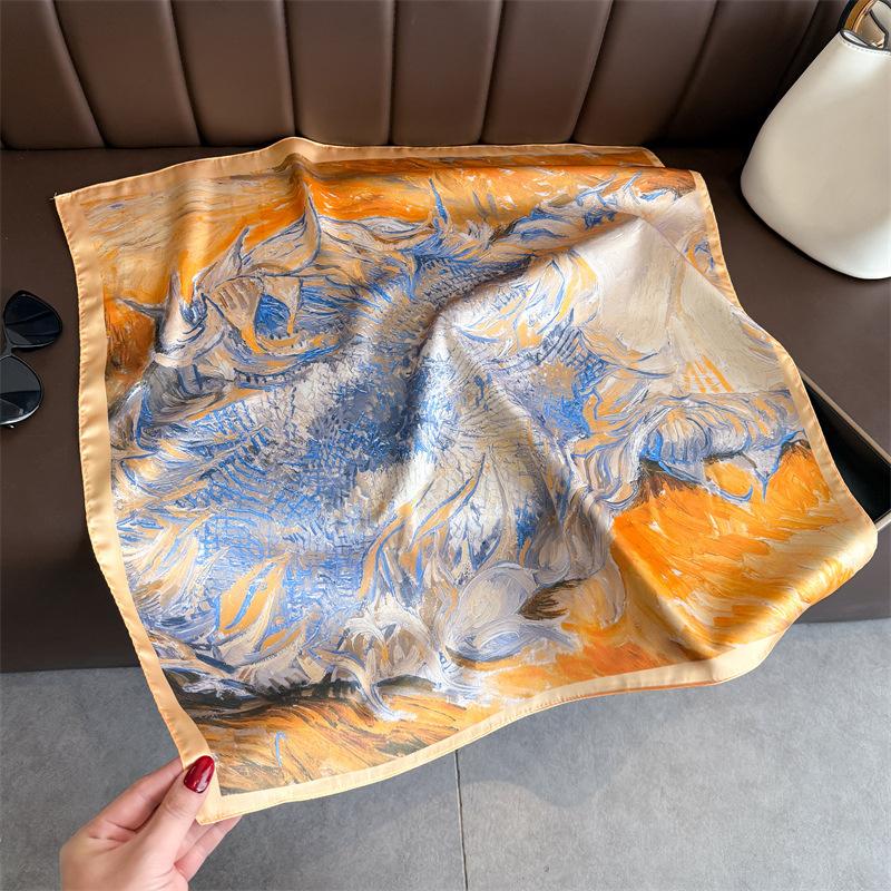 Oil Painting Printed Sunflower Square Scarf Luxury Ladies Neckerchief Soft Satin Shawl Women'S Decorative Bandana