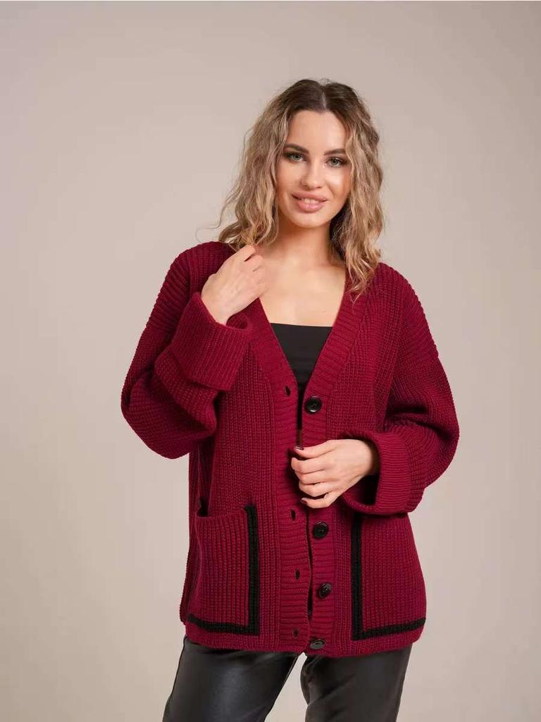 2025 Spring and Autumn New Style Women's Clothing Pocket Contrasting Color V-neck Knitted Cardigan Sweater Women's Jacket