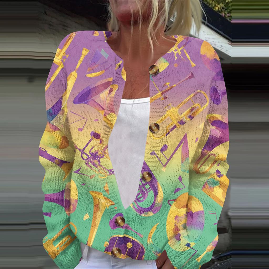 Women's Fashion Printed Long Sleeve Knitted Cardigan Button Down Jacket