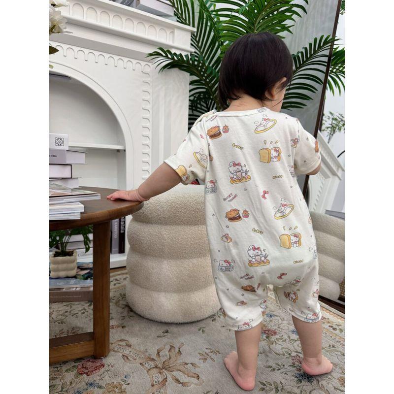 Cute Cartoon Cat Print Short-Sleeved Modal Romper for Infants and Toddlers in Summer