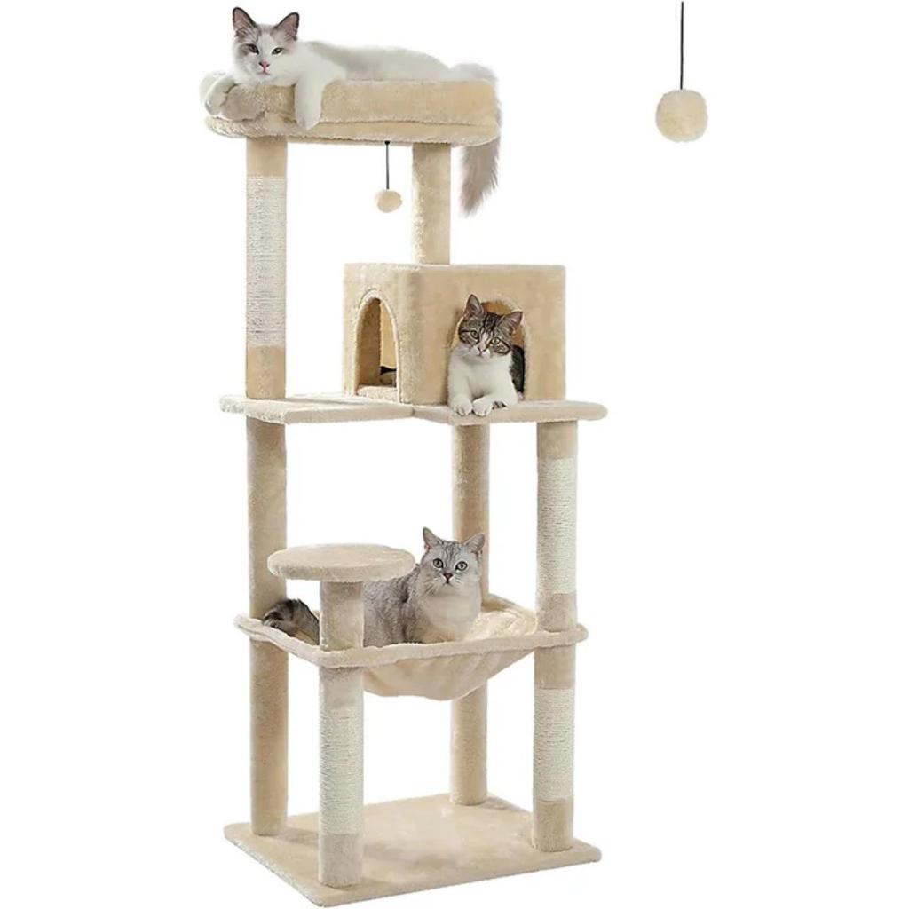 Albero per Gatti Quattro Stagioni con Cuscino in Lana d'Agnello, Tiragraffi in Sisal, Struttura Grande e Giochi per Gatti