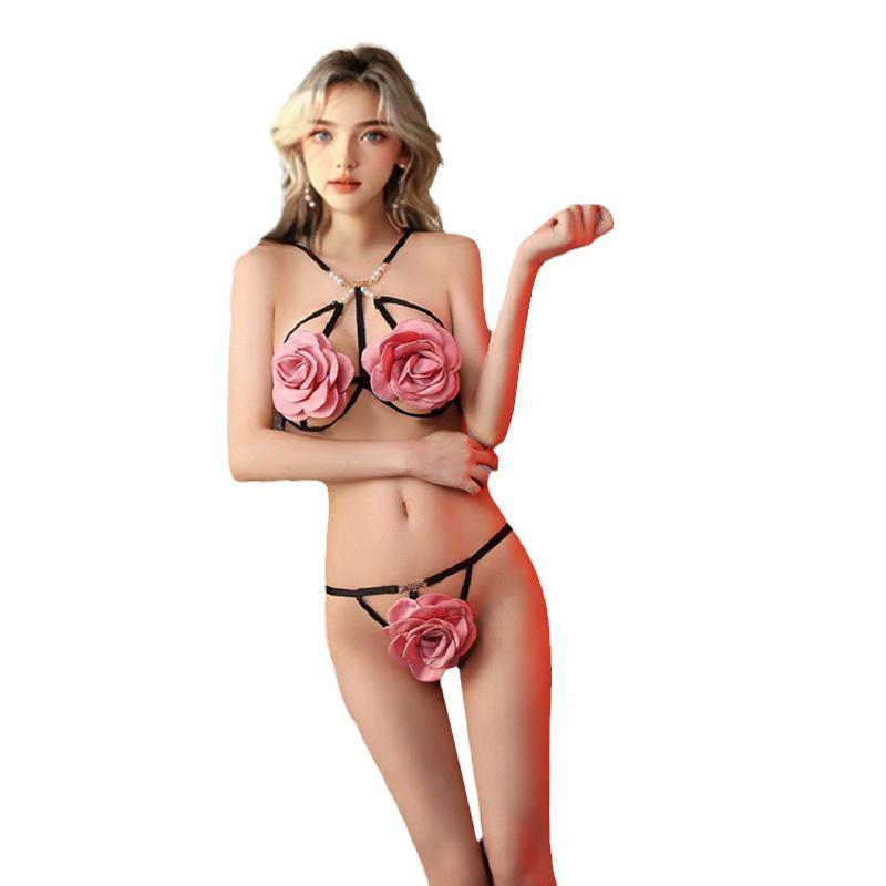 Passionate Rose Flower Lingerie Set: Hollow-Out Bra & Bikini Pajama