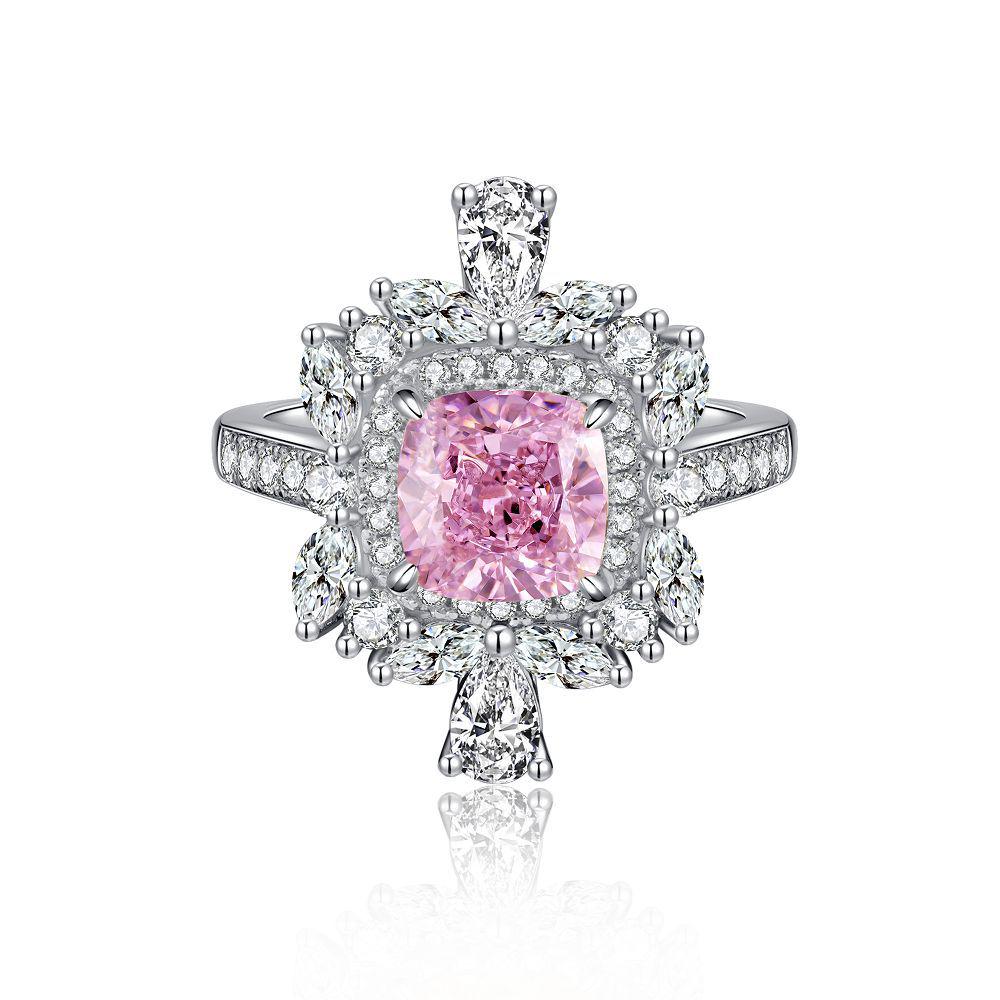 Ice Flower Full Diamond Pink Ring – Luxury S925 Sterling Silver for Women
