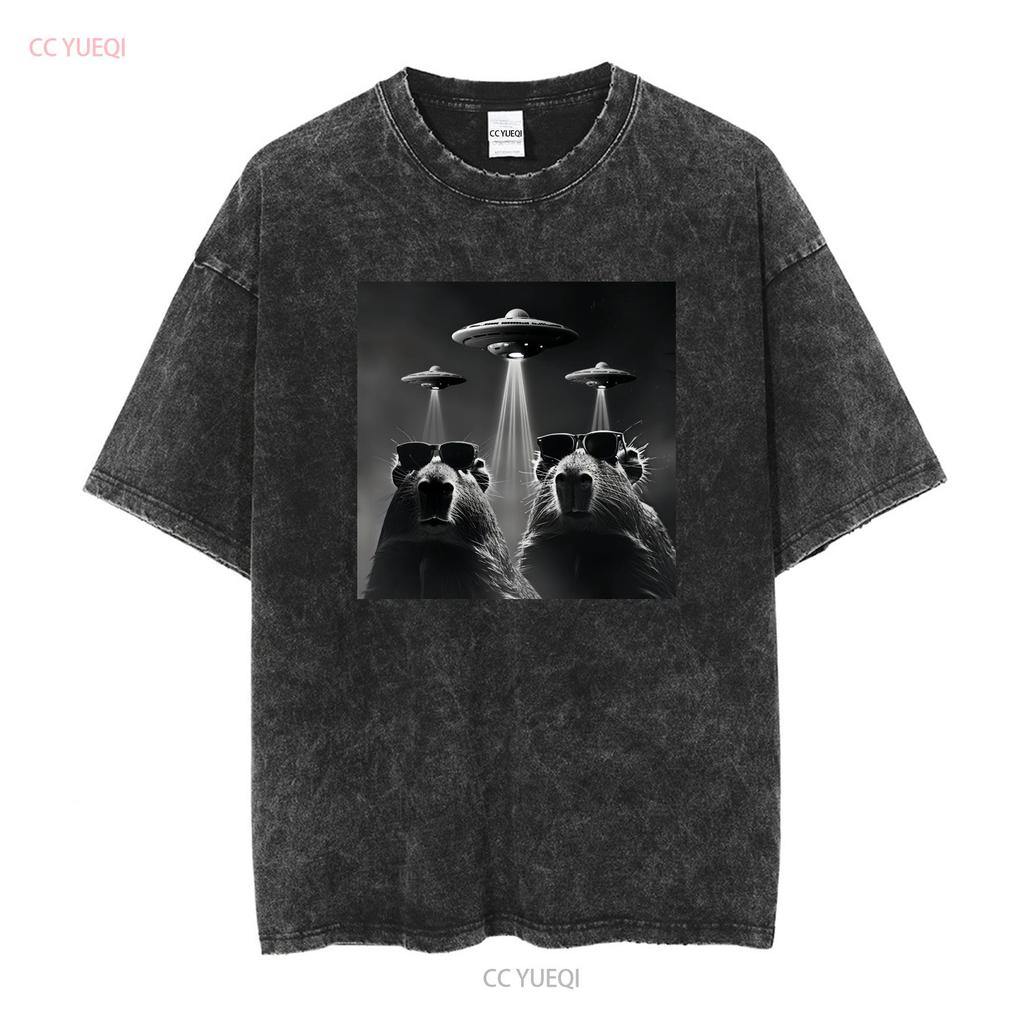 Capybara T Shirt Retro Selfie with UFO Funny Alien Plus Size 5xl 4xl 3xl Long or Short Sleeves Vintage Washed Stylish
