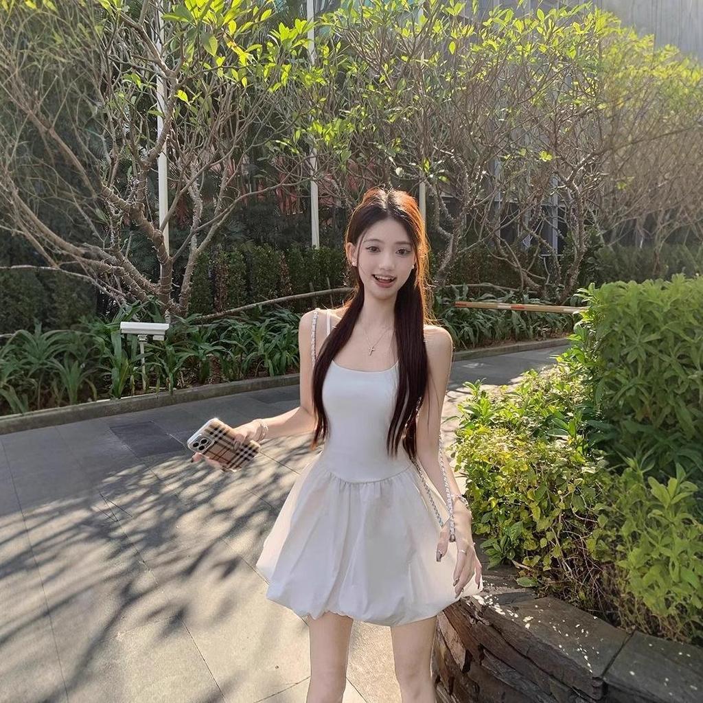 Women's Ballet-Style White Camisole Dress, Summer 2025, Waist-Cinching, Slimming Design, Bud Skirt, Short-Length.