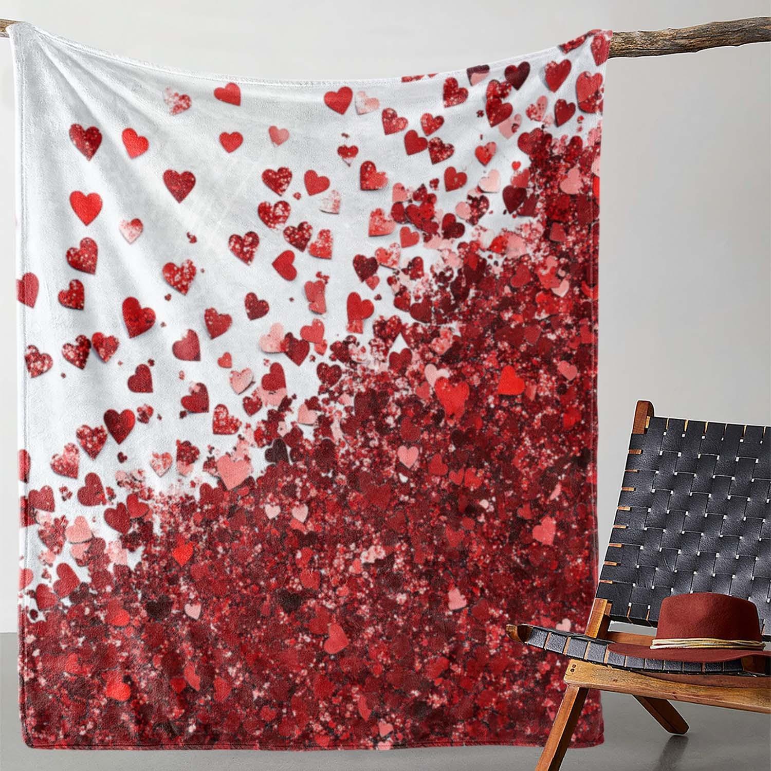 Red Heart Pattern Throw Blanket, Soft Cozy Flannel Blanket, Romantic Home Decor Gift for Couch Bed 130cmx150cm