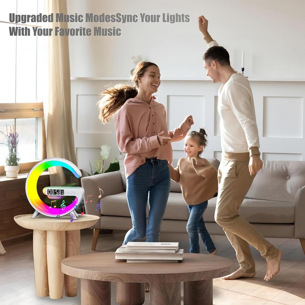LED Table Lamp with Wireless Charger, Mini G Atmosphere Lamp with Bluetooth Speaker, Night Light Lamp Sunrise Alarm Clock, Smart Light Sound Machine