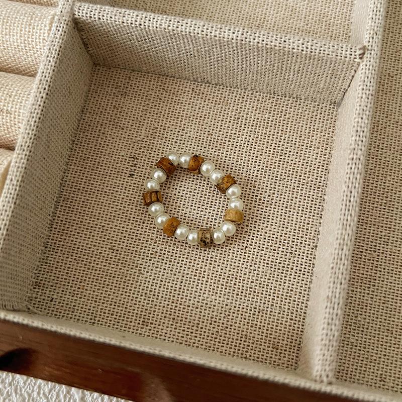 Pearl Beaded Ring Women's Elastic Rope Literary Stacking Index Finger Ring High-end Handmade Ring Jewelry