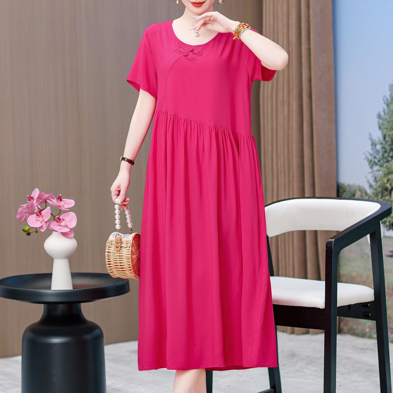 Elegant Dresses for Women Plus Size Loose Casual Vintage Print Long Dress With Sleeves Summer Middle-aged Women's Clothing