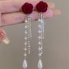 Wine Red Flocking Bow Pearl Tassel Earrings For Women Elegant Trending Luxury Red Rose Flower Long Tassel Earrings Jewelry Gifts
