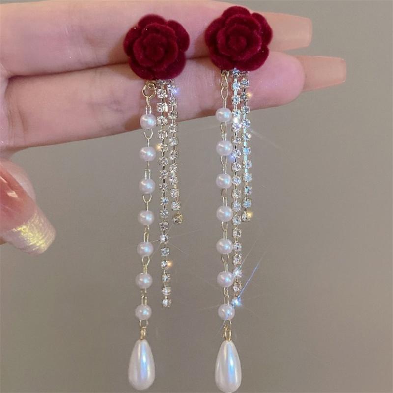 Wine Red Flocking Bow Pearl Tassel Earrings For Women Elegant Trending Luxury Red Rose Flower Long Tassel Earrings Jewelry Gifts