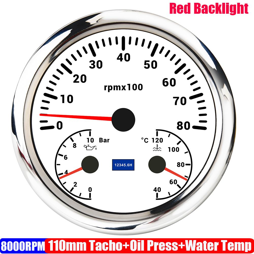 ZMFJH Multifunctional 110mm Gauge Red LED 3000-8000RPM Tachometer+Oil Pressure Gauge+Water Temperature Meter 40-120℃ Car Boat