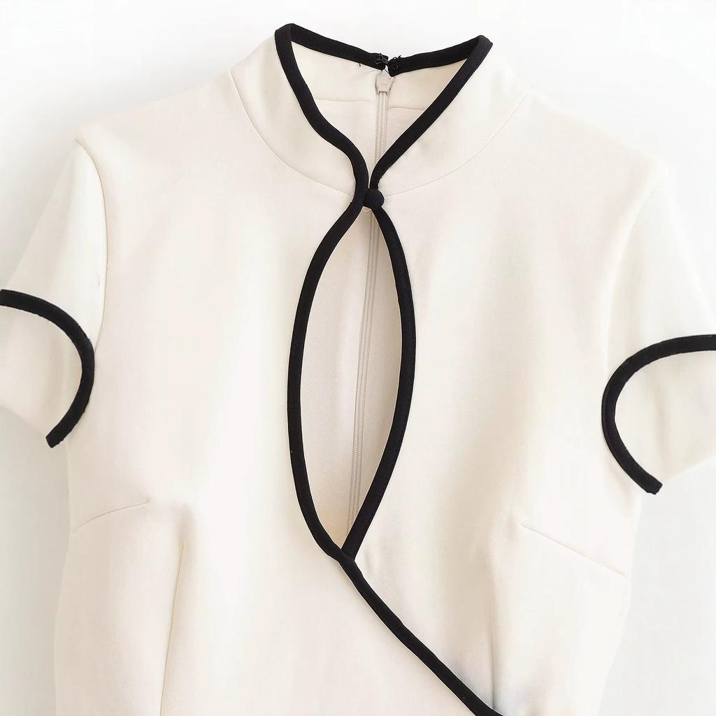 Summer Explosion Contrasting Color Trim Mini Waist and Thin French European and American Retro Gentle Style Dress