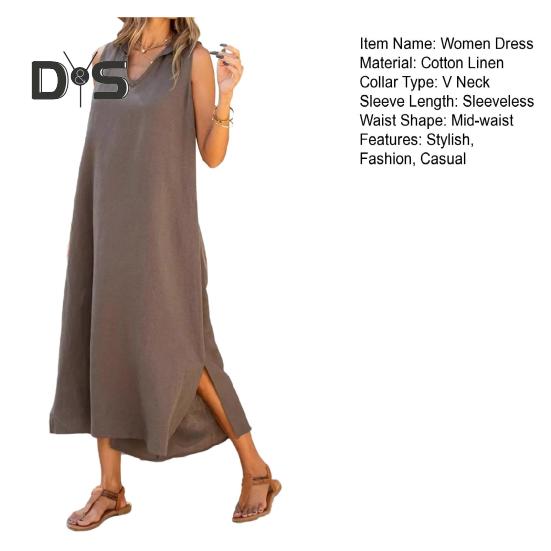 Women's Cotton Linen Maxi Dress Casual V-Neck Sleeveless Loose Tank Dress Summer Beach Long Split Sundress