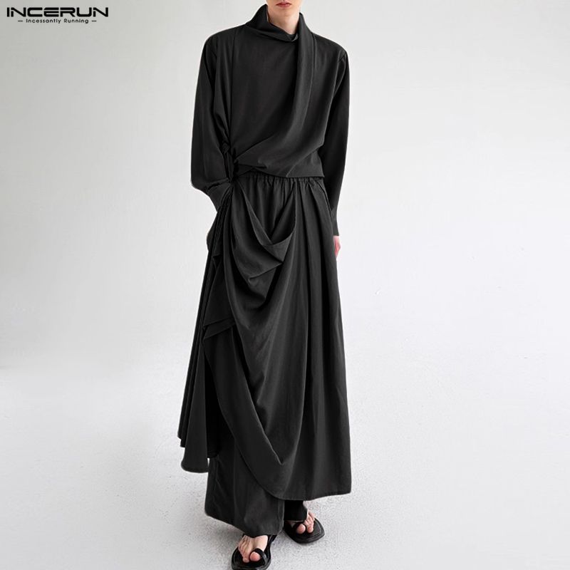 INCERUN 2PCS Men High Neck Long Sleeve Twisted T-shirt Long Ruffled Layers Pants Culottes Sets Outfits