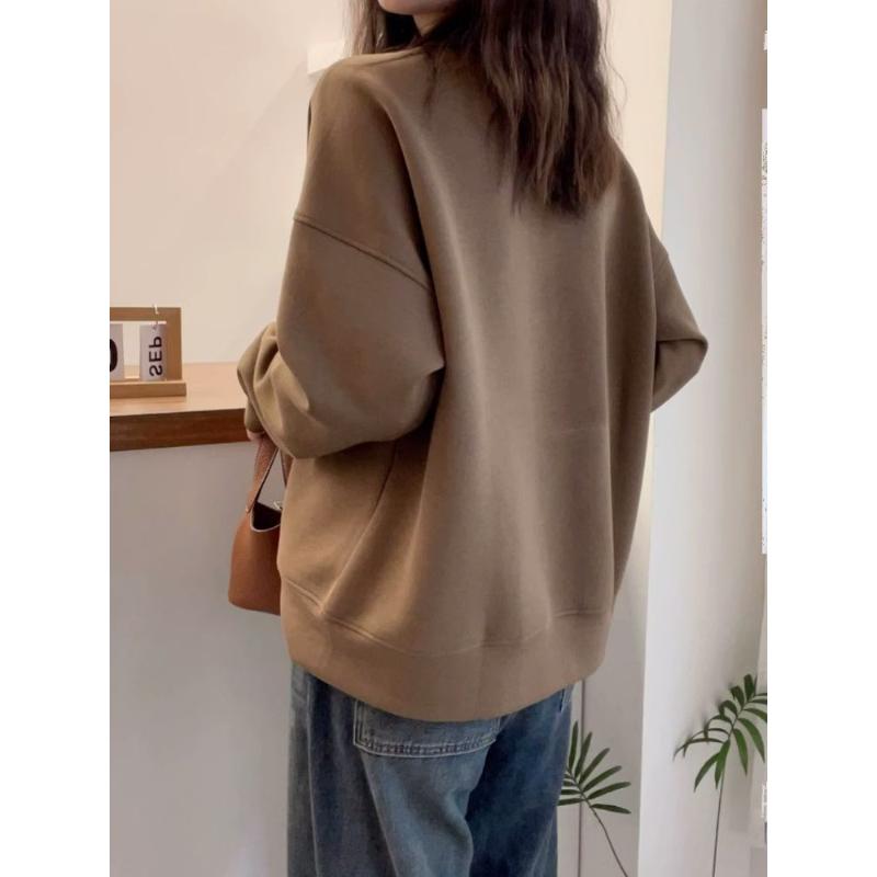Plus Size Fleece Round Neck Sweatshirt Loose Casual Pullover Malat Brown Top