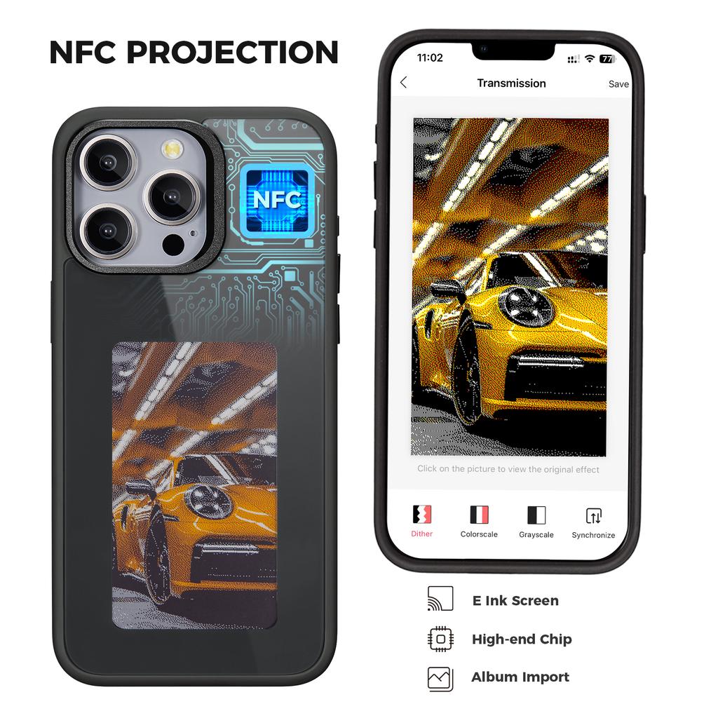 För iPhone 13 Pro E Ink-skal 4-färgsdisplay Telefonfodral NFC-projektion Anpassat mönster