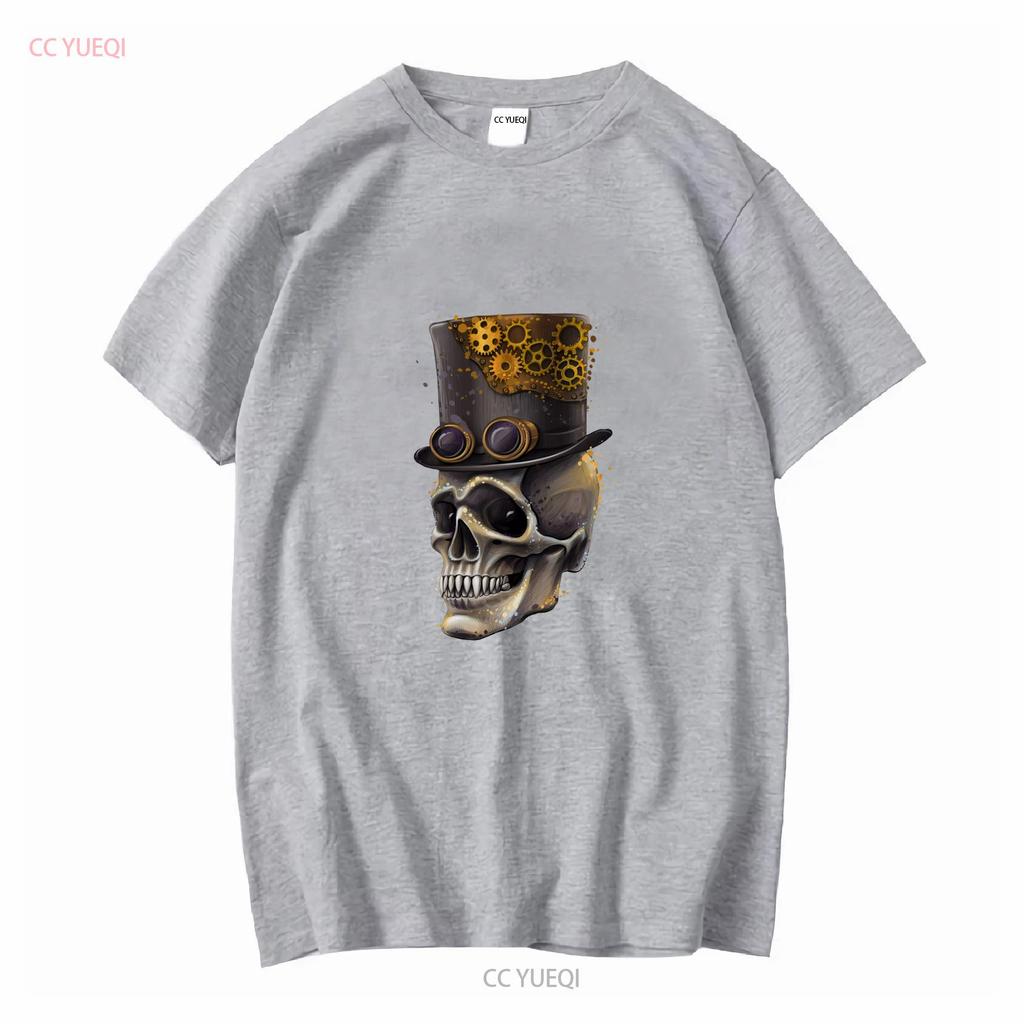 Steampunk Skull Unisexs Cotton T Shirt Top Long Or Short Sleeves Vintage Washed Versatile Top For Everyday Wear Stylish
