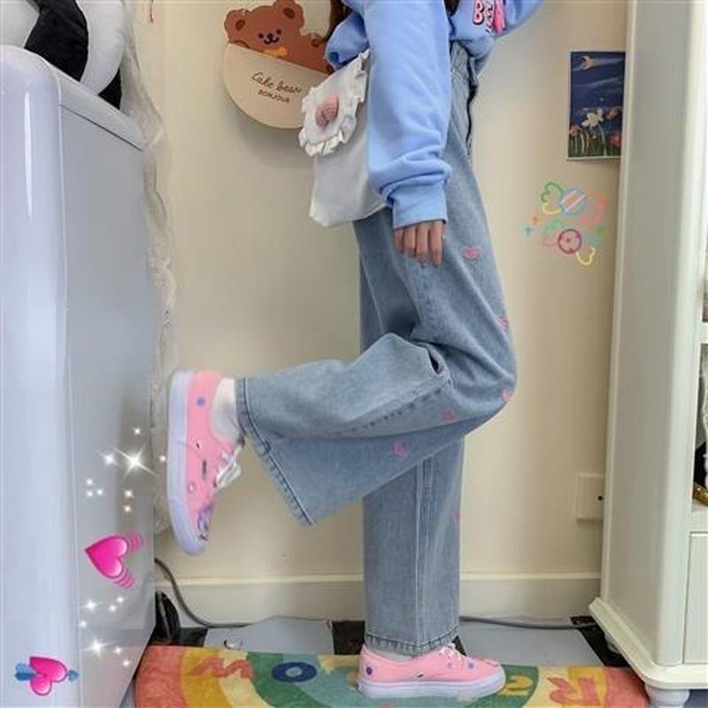 Vintage Woman Jeans Winter Embroidery Pants Baggy Jeans Women