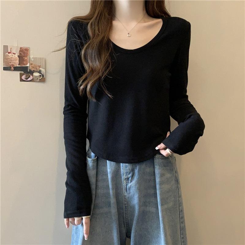 Wind Real Shot U-neck Long-sleeved T-shirt Women's Autumn and Winter German Velvet Velvet Thickened Inner with Short Warm Solid Color Shirt