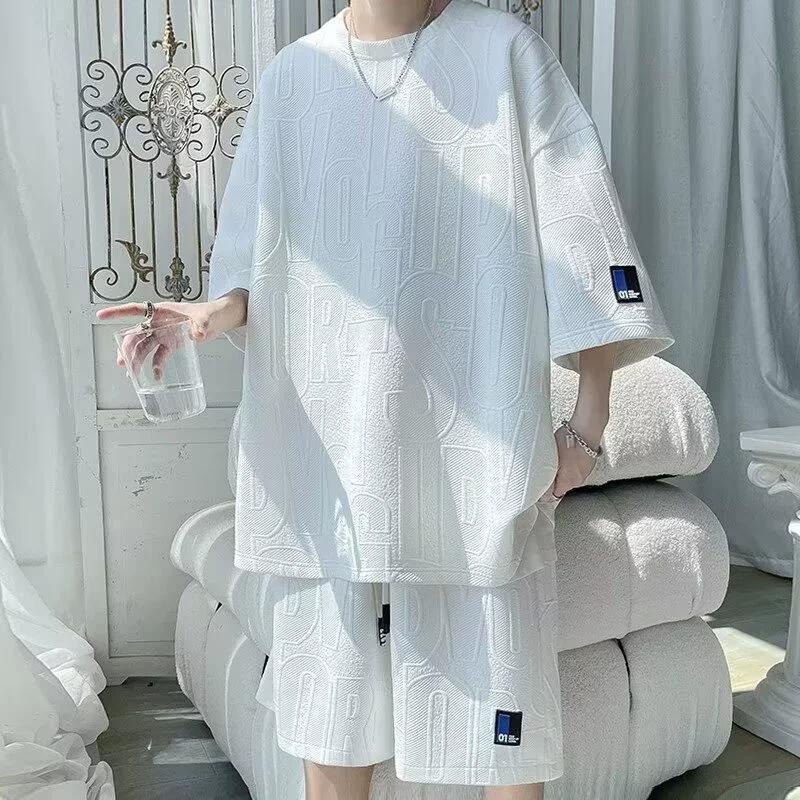 Men's Korean Summer Suit Korean Casual T-shirt + Shorts Suit Men's Tracksuit Solid Color Tracksuit Loose Suit Plus Size