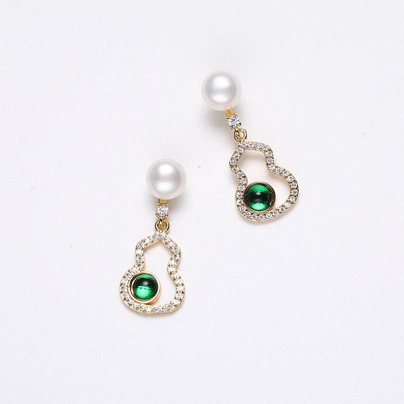 Elegant Chinese Fu Lu Pearl & Zircon Gourd Earrings - Perfect Qixi Gift for Girlfriend