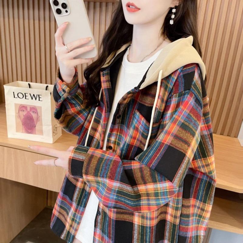 Autumn Winter Vintage Plaid Printing Patchwork Hooded Shirt Women Long Sleeve Loose Casual Cardigan Blouse Top