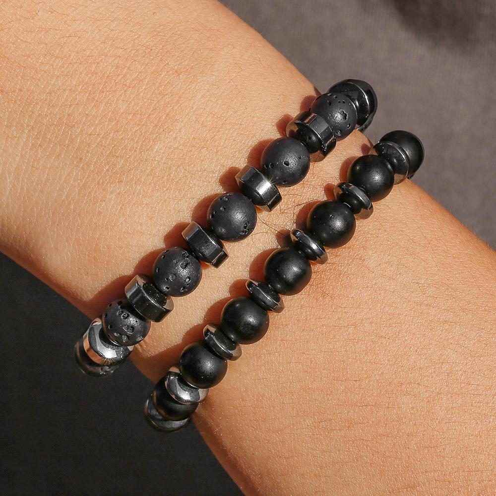 Neu Matt Schwarze Perle Vulkangestein Herren Armband Set Doppellagig Naturstein Perlenarmbänder Geschenke