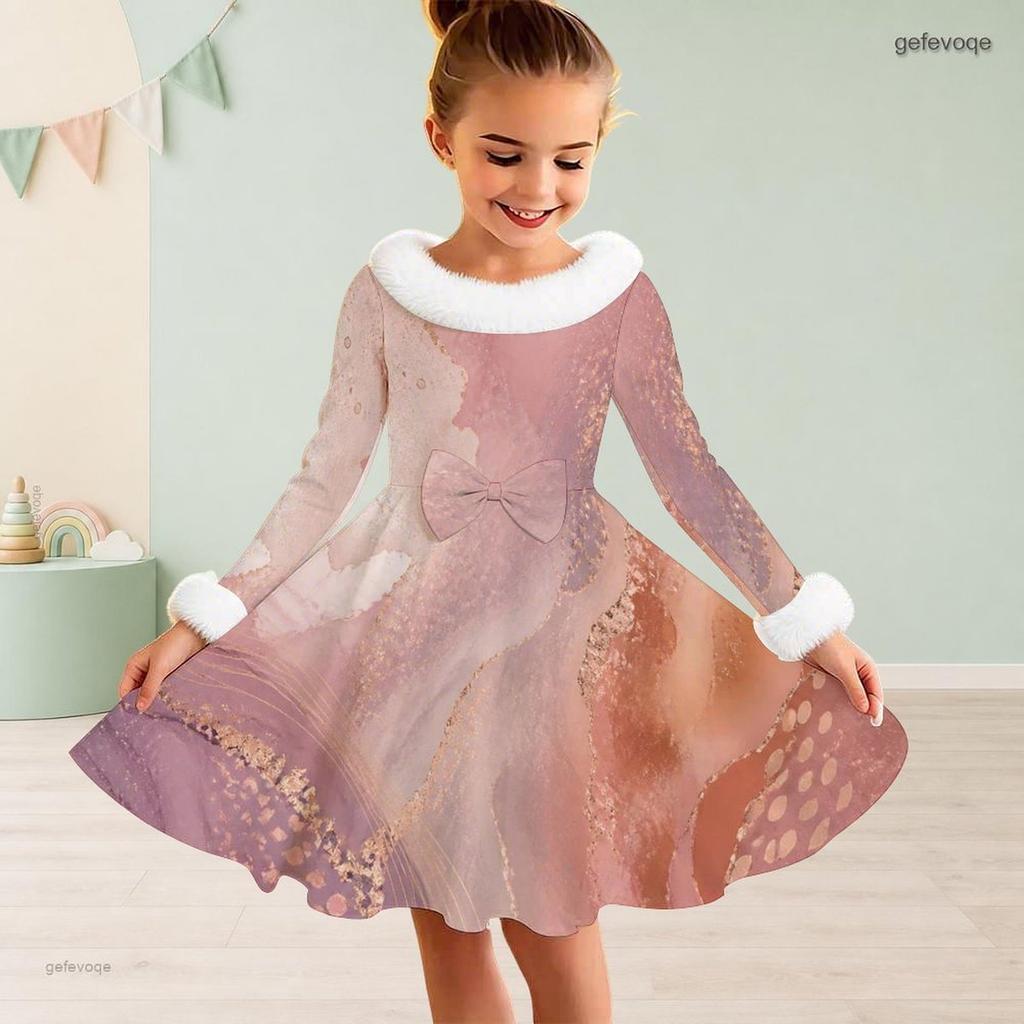 Girls Furry Collar Long Sleeve Bow Decor Printed Dress Dark Green Beige Gold A Line Flared Hem
