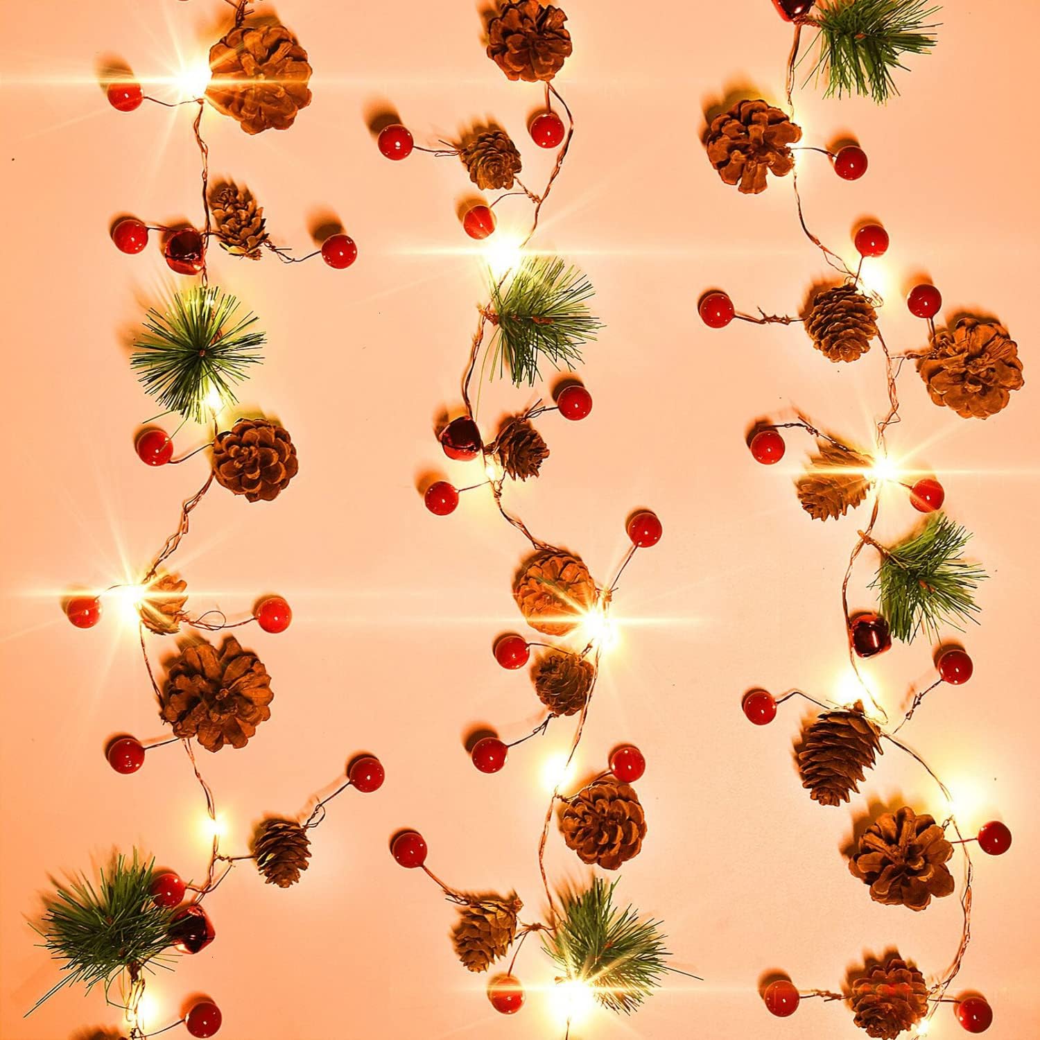 

2 Pack Christmas Garland with Lights - 7.2ft Red Berry Pine LED Garland for Mantle, Fireplace, Indoor Outdoor Decor 2 Pack 7 2Ft 20 LED