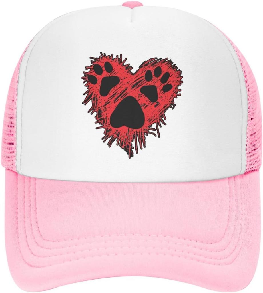 Love Heart Paw Print Trucker Hat Red Graphic Mesh Baseball Cap Adjustable Casual