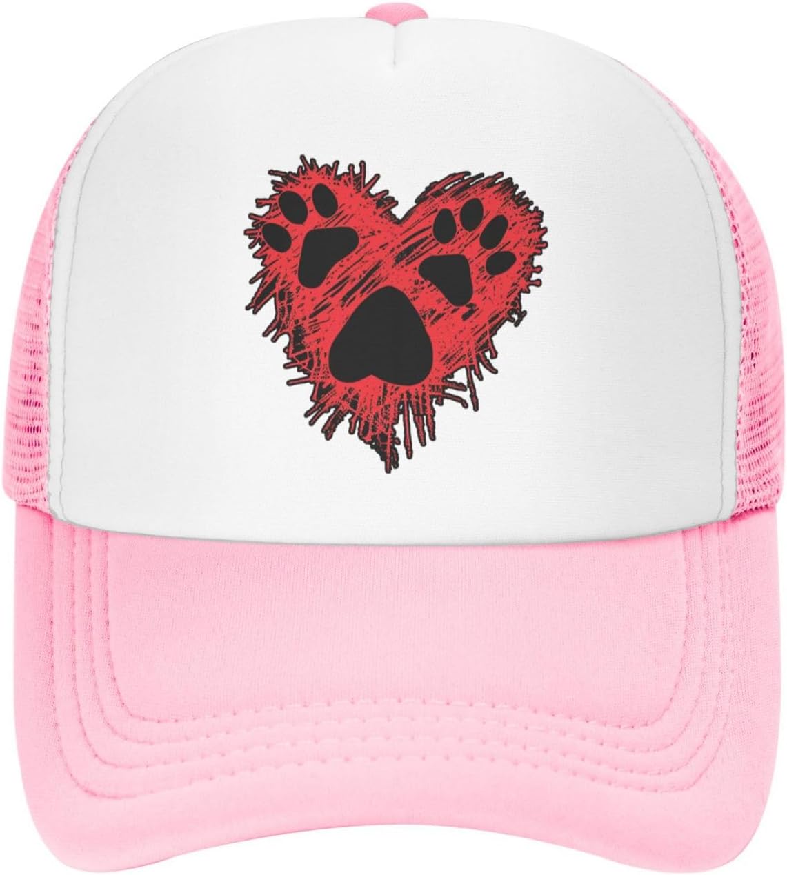 Love Heart Paw Print Trucker Hat Red Graphic Mesh Baseball Cap Adjustable Casual One Size