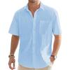 Camisas masculinas de algodão e linho de manga curta, camisas casuais leves com botões, férias, praia, verão, tops com bolso
