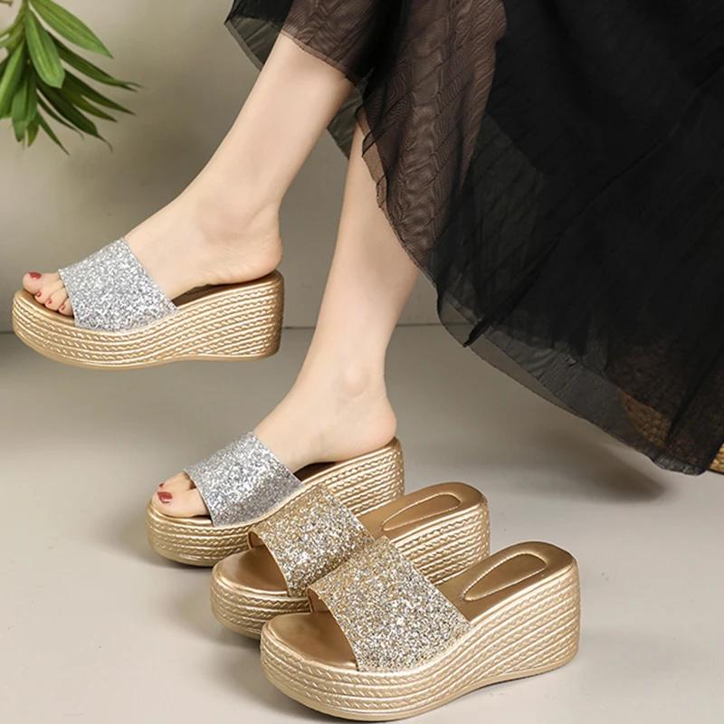 Fashion Luxury Sequins Band Open Toe Slippers Women Fashion Wedge Thick Platform Sandals Woman Plus Size Daily High Heel Slides Mujer