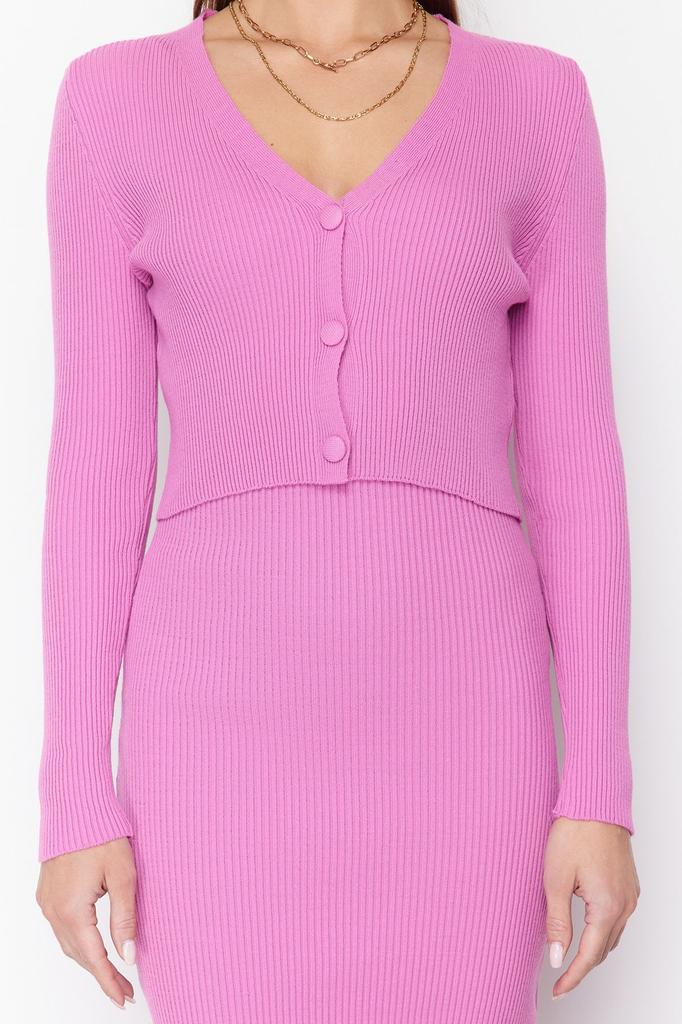 Women's Style Dress Pink Fitted Midi Knitwear Cardigan Dress Set
