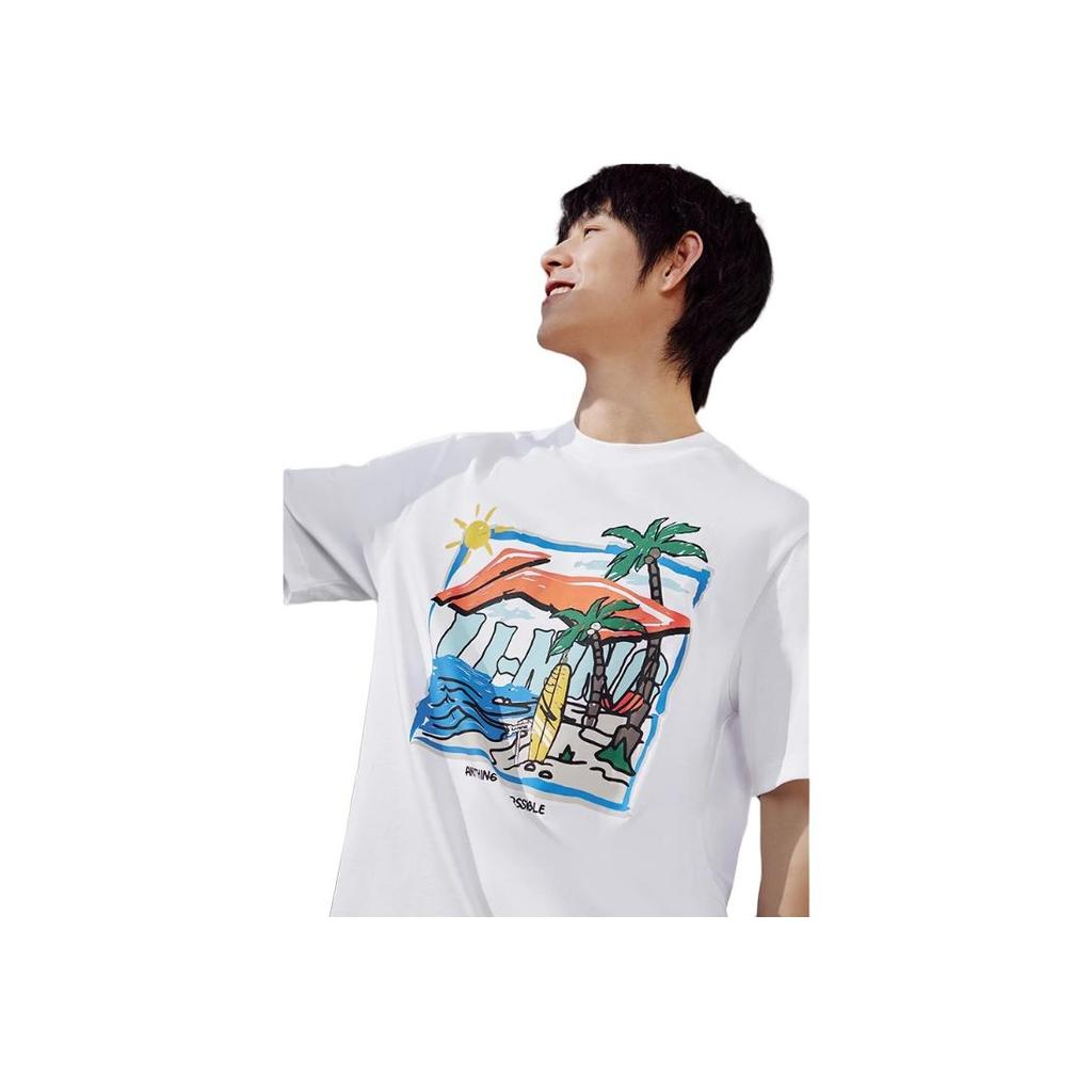 Li-Ning Cool And Comfortable Hand-Drawn Pattern Printed Round Neck Short Sleeve T-Shirt Men Tops Standard-White AHSU713-2