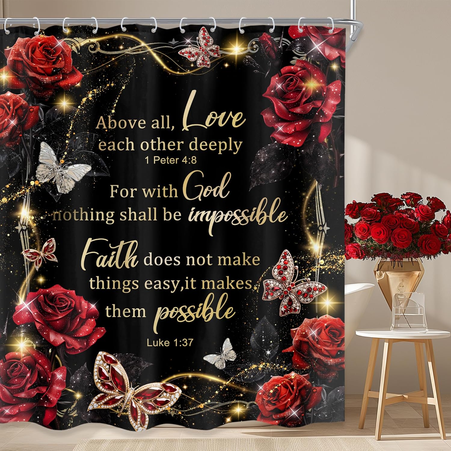 

Red Rose And Butterfly Shower Curtain With Inspirational Bible Quotes Water Resistant Fabric Religious Faith Decor Elegant W60H190(CM)-1 Pcs