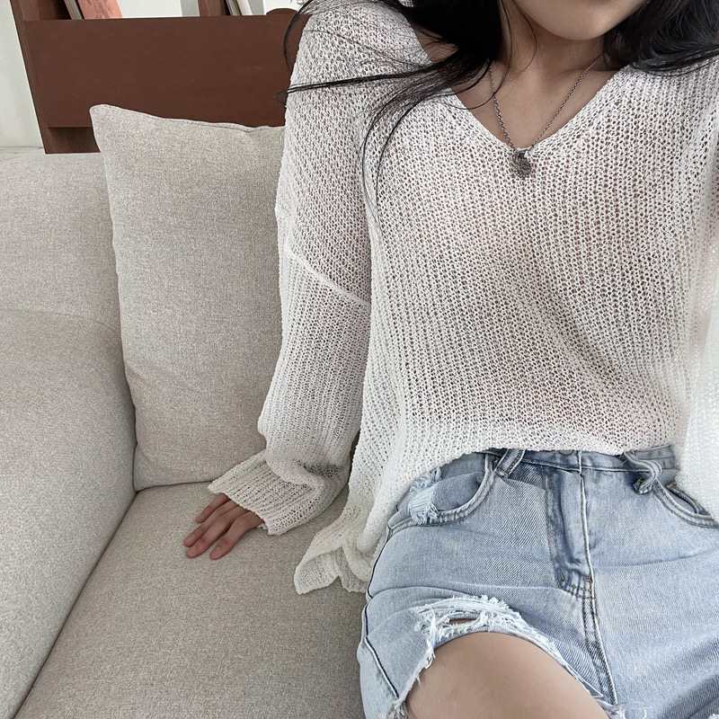 Summer Ice Silk Thin V-neck Sunscreen Sweater Coat Long Sleeve Knitted Hoodie Top T-shirt Air Conditioning Clothes