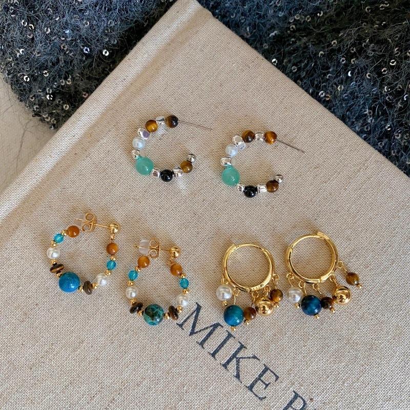 Vintage Colorful Round Beaded Hoop Earrings for Women Ladies Ethnic Style Stones Bead Pendant Earrings Party Jewelry Accessories