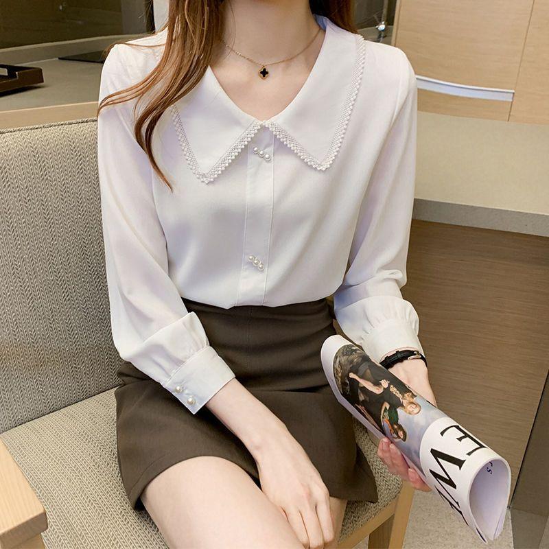 Blue Shirt Chiffon Doll Collar Top Long Sleeved Spring and Autumn Women's Shirt