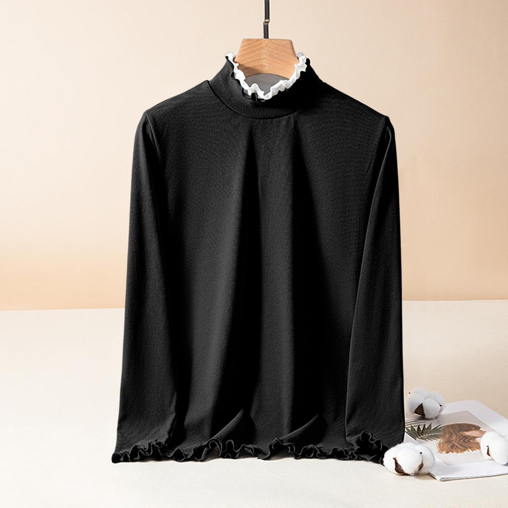 Ladies' Slim Fit Pullover Shirt With Lace Collar, Black Fungus Edge, German Velvet Long Sleeved Base, Top
