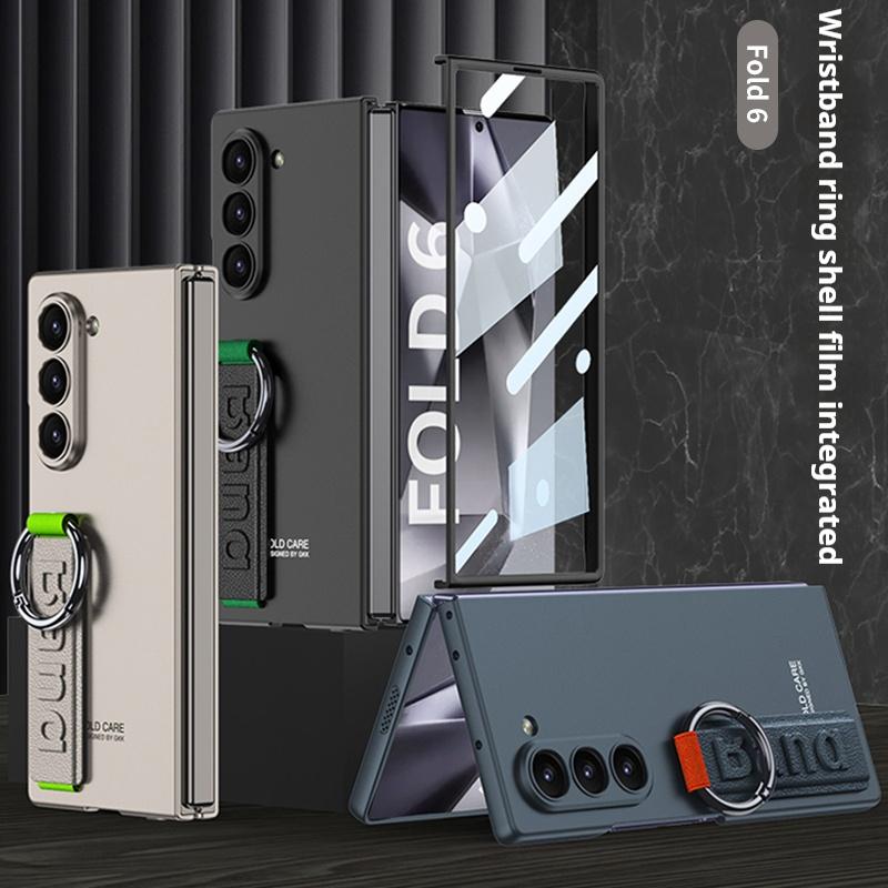 Frosted Hard PC Back Cover Case for Samsung Galaxy Z Fold 6 5 with Glass Screen Film Hand Strap Ring
