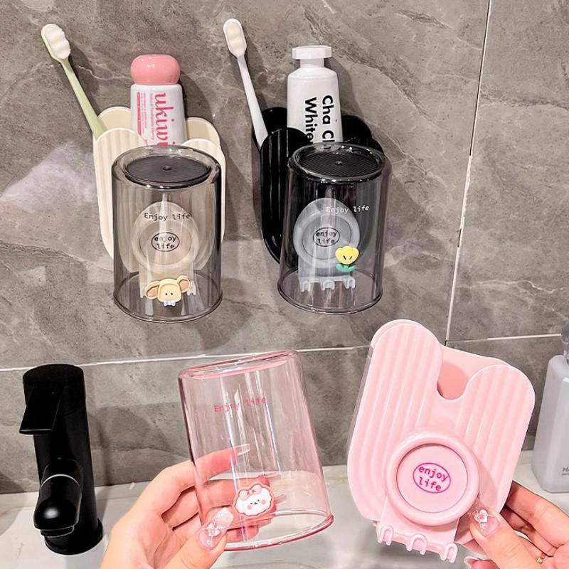 Wandmontierter Zahnbürstenhalter Stanzfrei Gurgelbecher Aufbewahrungsregal Auf dem Kopf stehendes Zahnbürstenbecher-Set