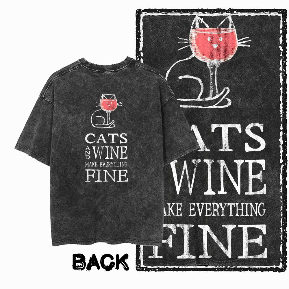G55 Back Print Cotton Cool Cat Graphic Men T-shirt | Acid Washed Streetwear Big Size Vintage O-neck Men's Tee Tshirt